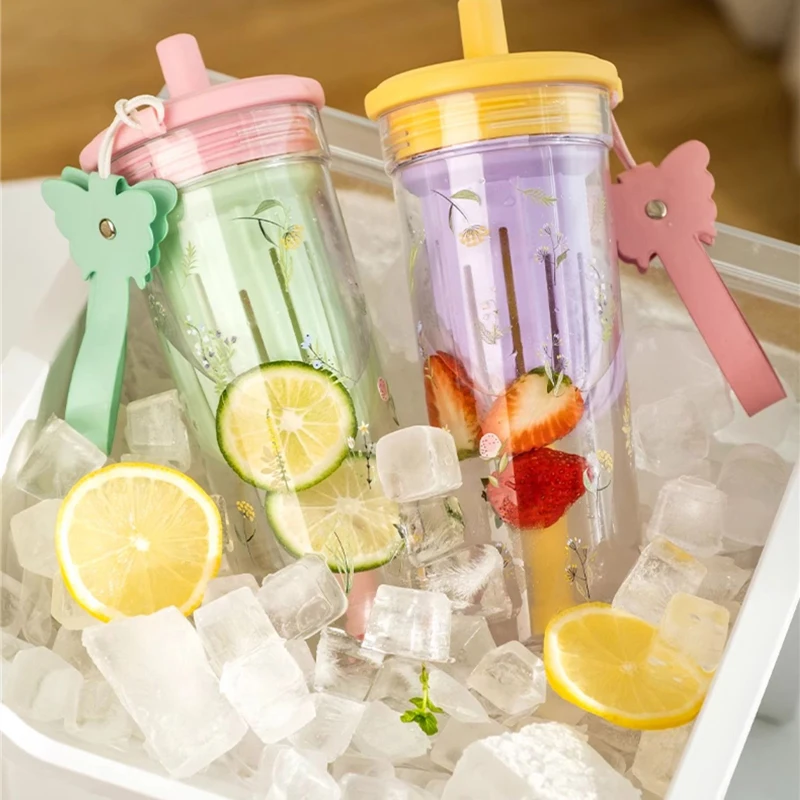 Girls' Suction Tube Cup Portable Pastoral Colorful Water Cup Summer Tumbler Large Capacity Reusable Plastic Cup Water Bottle