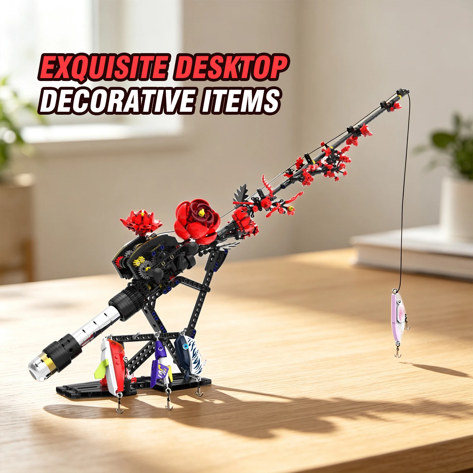 Mechanical Waterdrop Wheel Fishing Rod Building Blocks Set Transmission Rose Flower Fishing Brick Reel Toy Adult Home Decoration