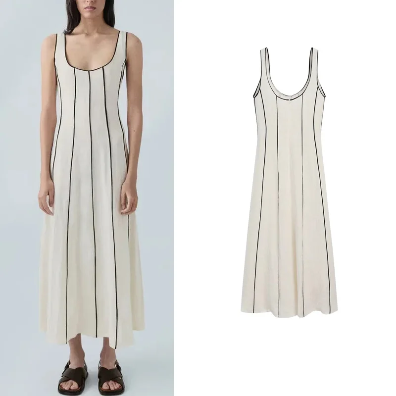 

New Spring Commuter Casual Striped Two-tone U-ne Svel Vest Dr High Waist Long Skirt Sle Polyester Fiber