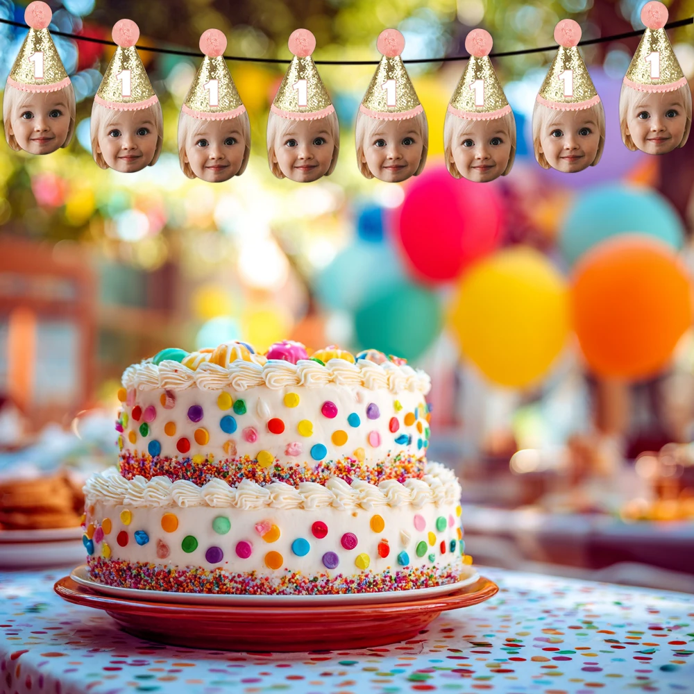 Custom Birthday party Face Photo Birthday Hat Banner Cupcake Toppers Stickers Straws for kids 1st Birthday party decorations view 3