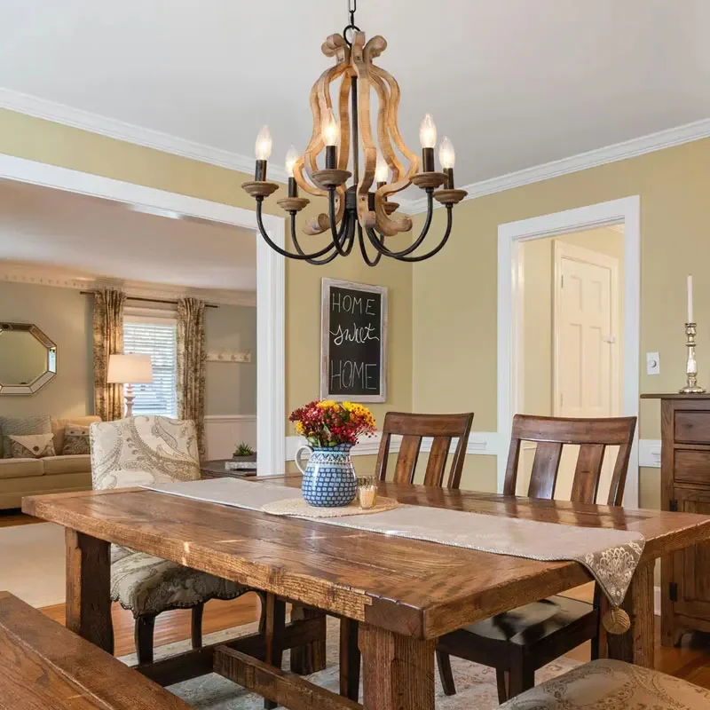 

American Rural Antique Solid Wood Chandelier Creative Retro Bedroom Restaurant Cloakroom Kitchen Cafe French Pendant Lamp