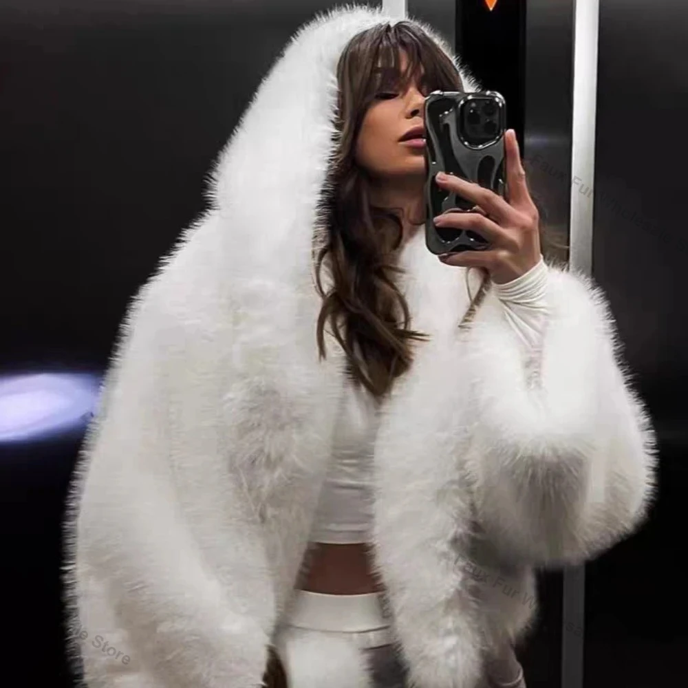 Artificial Fur Coat with Hood Autumn Winter Fashion Cropped Faux Fur Coat Women Fluffy Fur Artificial Fur Coat Girls Overcoat