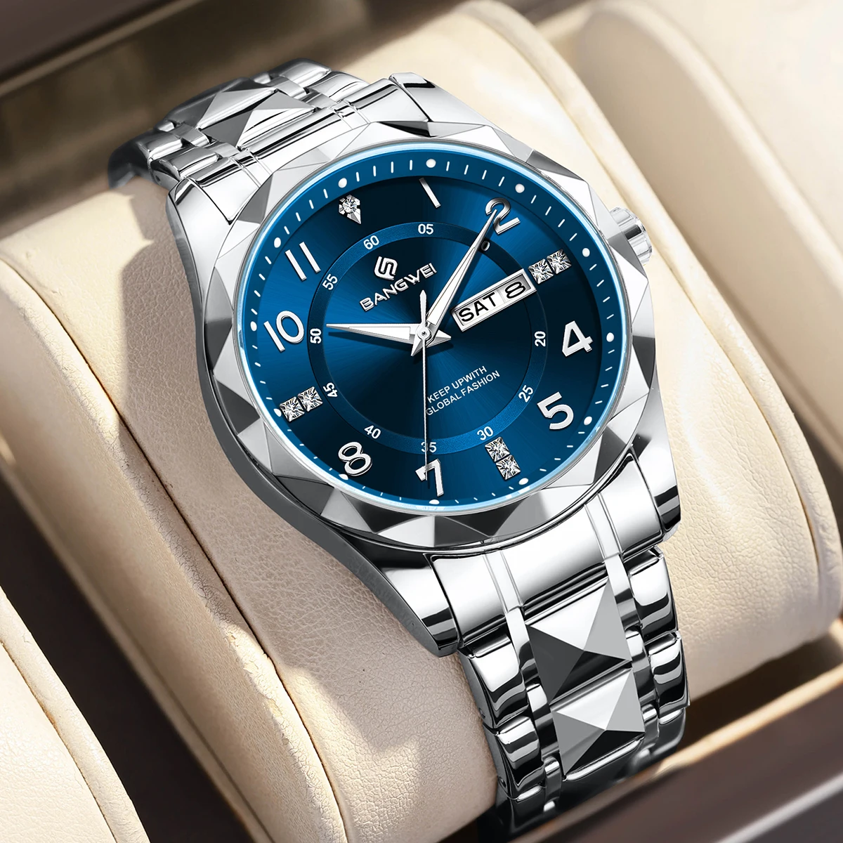 BANGWEI Simple Fashion Dial Men Quartz Watch Waterproof Luminous Calendar Date Week Steel Strap Business Mens Watches Reloj+Box