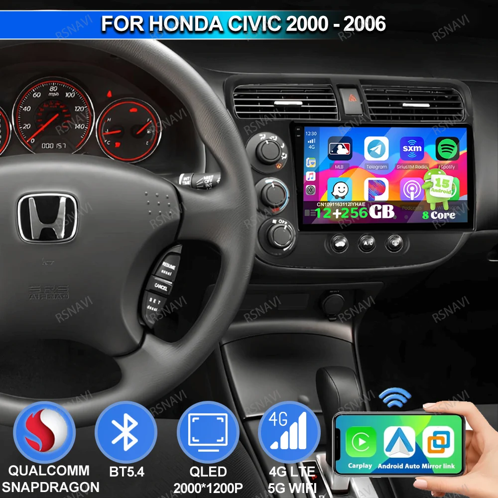 Car Radio Android 15 For Honda Civic 2000 2001 2002 2003 2004 2005 2006 Passat B 8 Core Qualcomm Cleaning Machine WIFI+ 4G LTE
