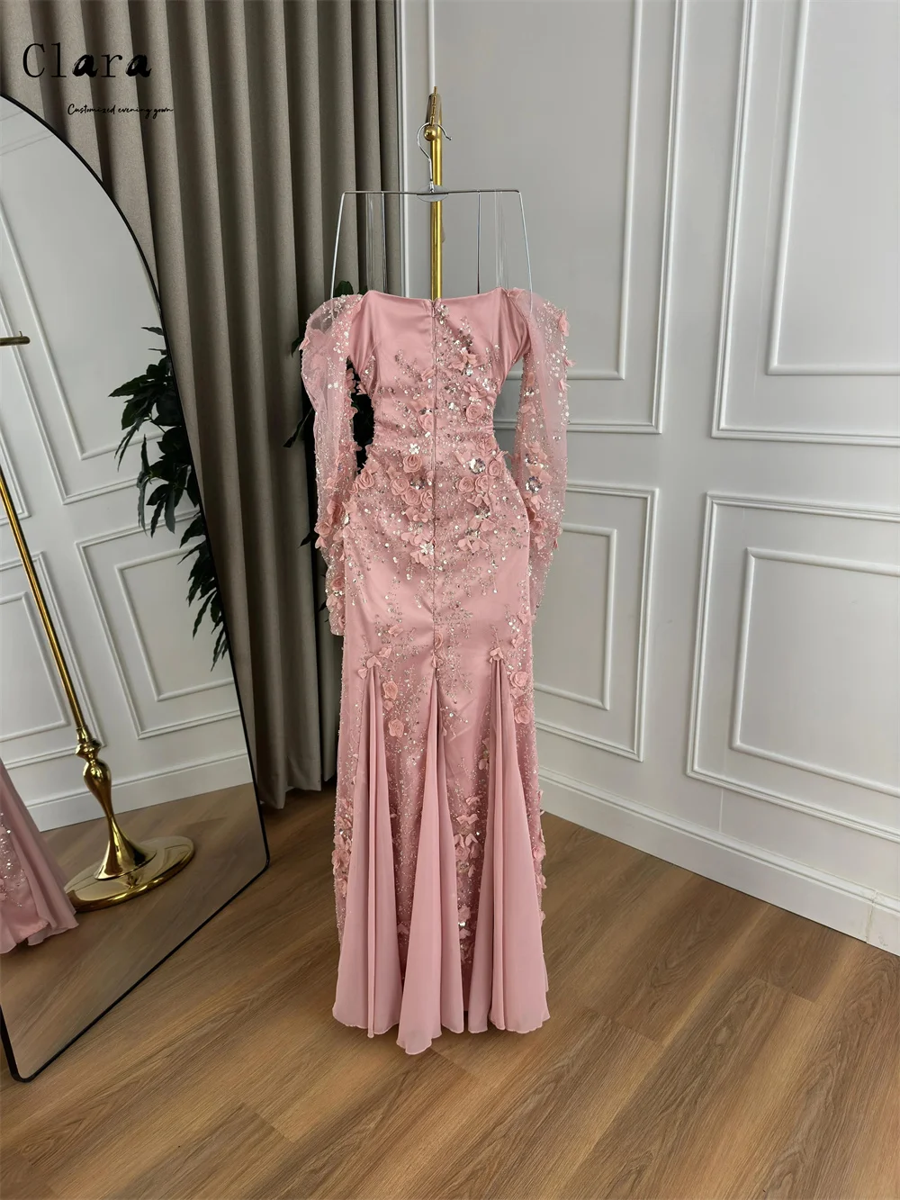 Clara Abiti eleganti da donna con maniche lunghe in pizzo floreale personalizzato con spalle scoperte Abiti da festa lunghi Abiti da cerimonia e da sera da donna