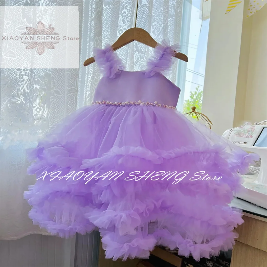 Purple Puffy Flower Girl Dresses With Pearls Ruffles Ankle Length Kids Birthday Suspender Gown Pageant First Communion Wear