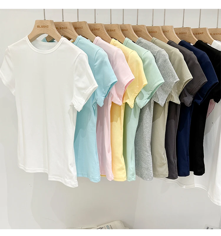 Zjaiss 2026 Sommer Neues Design Slim Fit Basic Top Trendiges Damen Baumwoll-Kurzarm-T-Shirt Einfarbig Vielseitiges O-Neck Tee – Detail 8