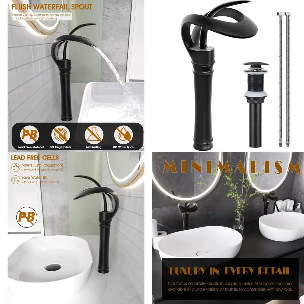 

Black Matte Single Hole Waterfall Faucet for Tall Vessel Sink, Solid Brass with Single Handle and Pop-Up Drain Supply Line