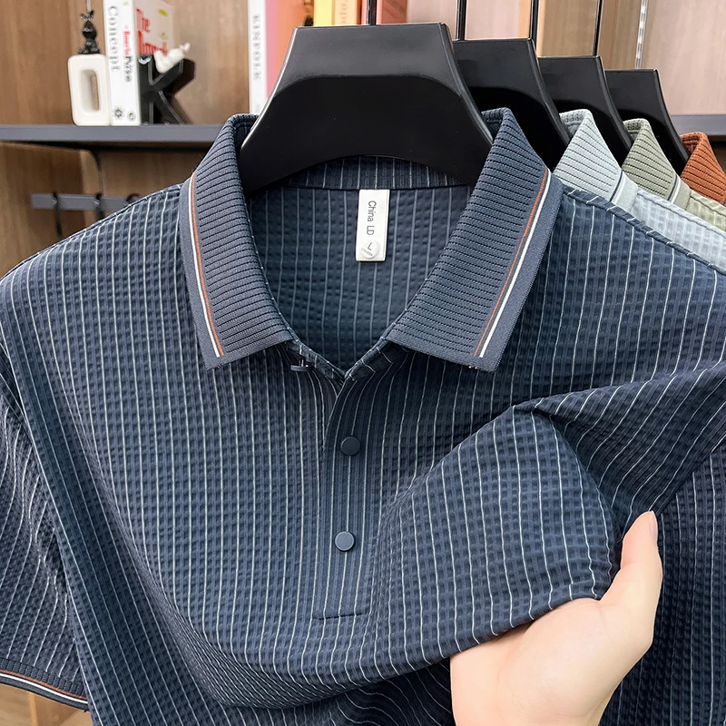 Summer new short sleeved lapel polo shirt men's seamless striped elastic T-shirt