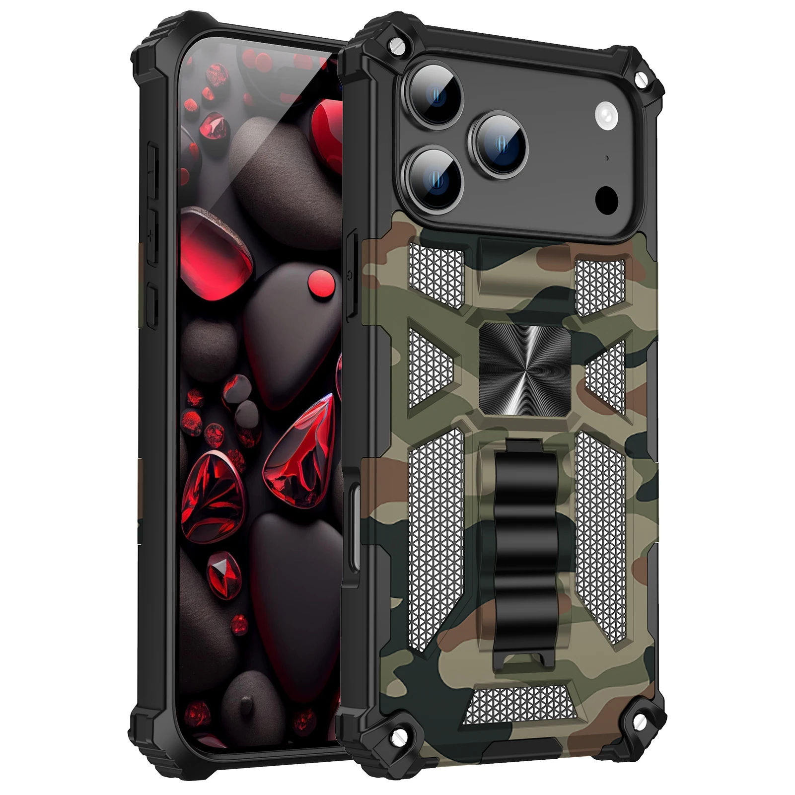 Military Armor Camouflage Folding Stand Phone Case For iPhone 17 16 15 14 13 12 11 Pro Max Plus For Car Holder Outdoors off-road