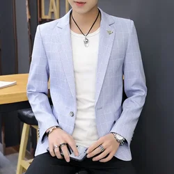 Men's Suit Jackets Plaid Chinese Coat Male Blazer Blue Original New in Elegant Simple Breasted Fashion 2024 Classic Summer Suits