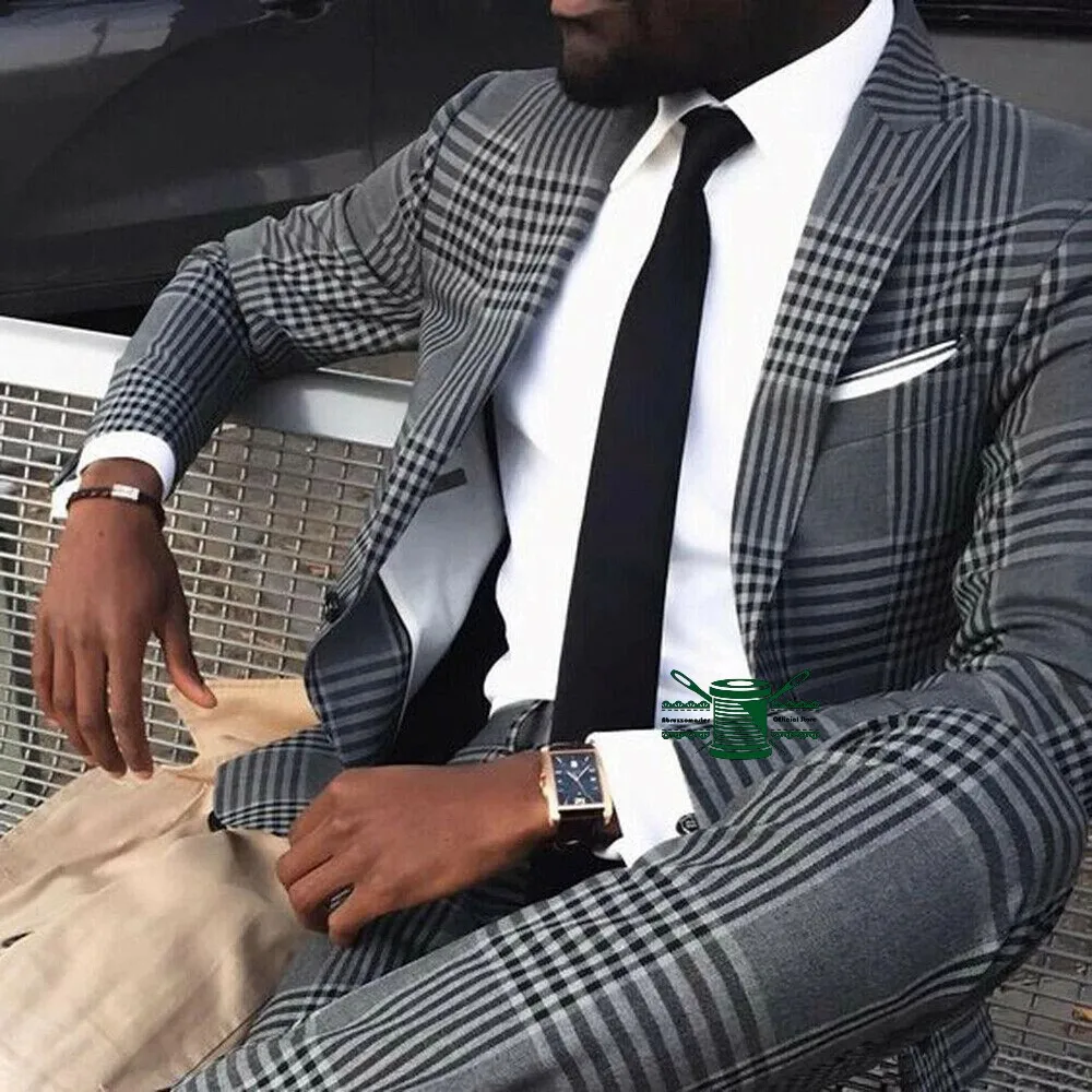 Business Plaid Mens Suits Slim Fit Groom Party Wedding Tuxedos Formal Prom Check Man Suits Business affairs Suit