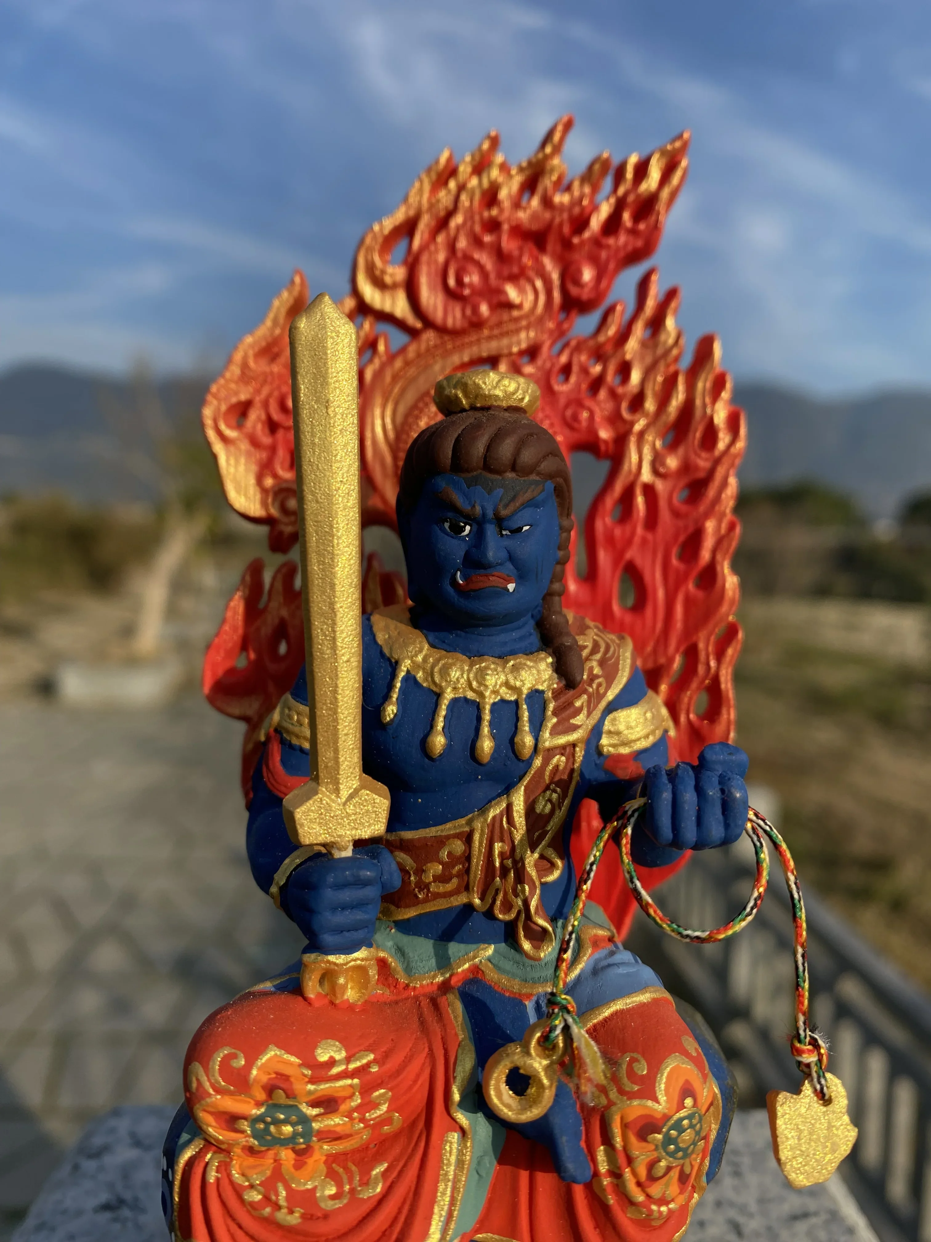 Hand Painted Gilded Fudo Myoo Acalanatha Statue Sculpture Buddhist Wrathful Deity Figurine Ornament for Home Temple Altar Decor