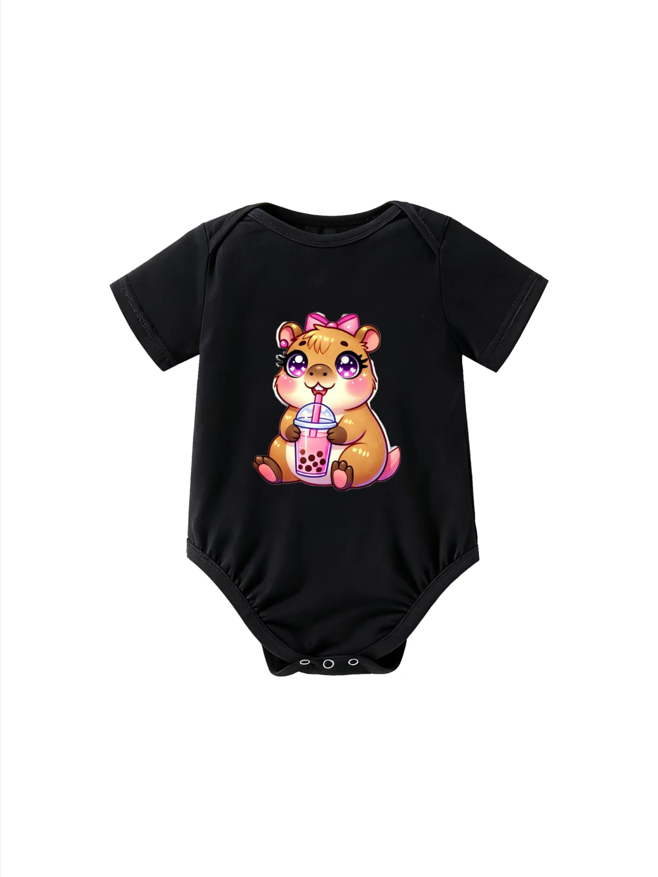 

​ Детское боди с рукавами «Капибара», держащего пузырькового чая с розовым бантом и улыбающимся лицом для новорожденных мальчиков и девочек, кавайная тема животных ​