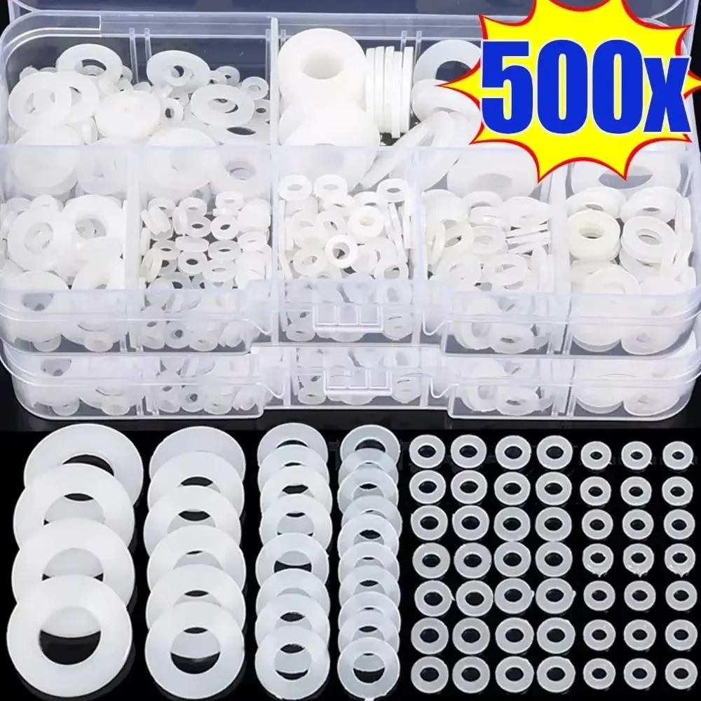 500Pcs New Seals O Ring Assortment Kit Nylon Washer Flat 8 Sizes Plane Spacer M2-M10 Black White Insulation Gasket Ring