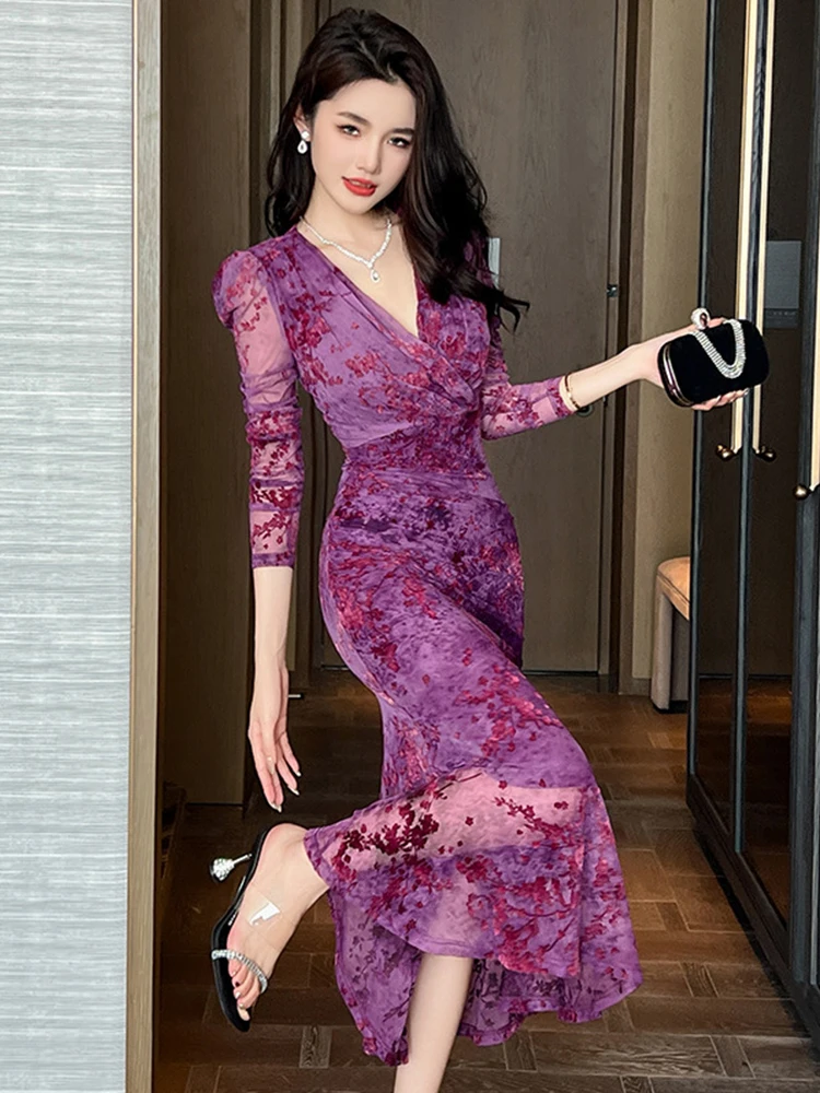 Women\'s French Elegant Maxi Dress Purple Elastic Flocking Print Mesh Pleated Shoulder Pad Fishtail Robe Party Banquet Vestodos