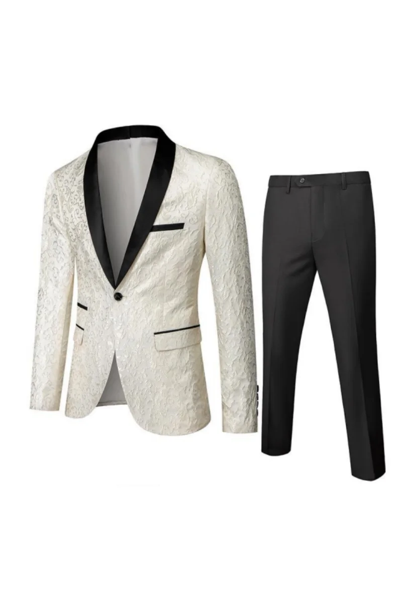 

Elegant Jacquard Men's Suits 3 Piece Blazers Vest Pants Shawl Lapel Formal Business Wedding Groom Tuxedos