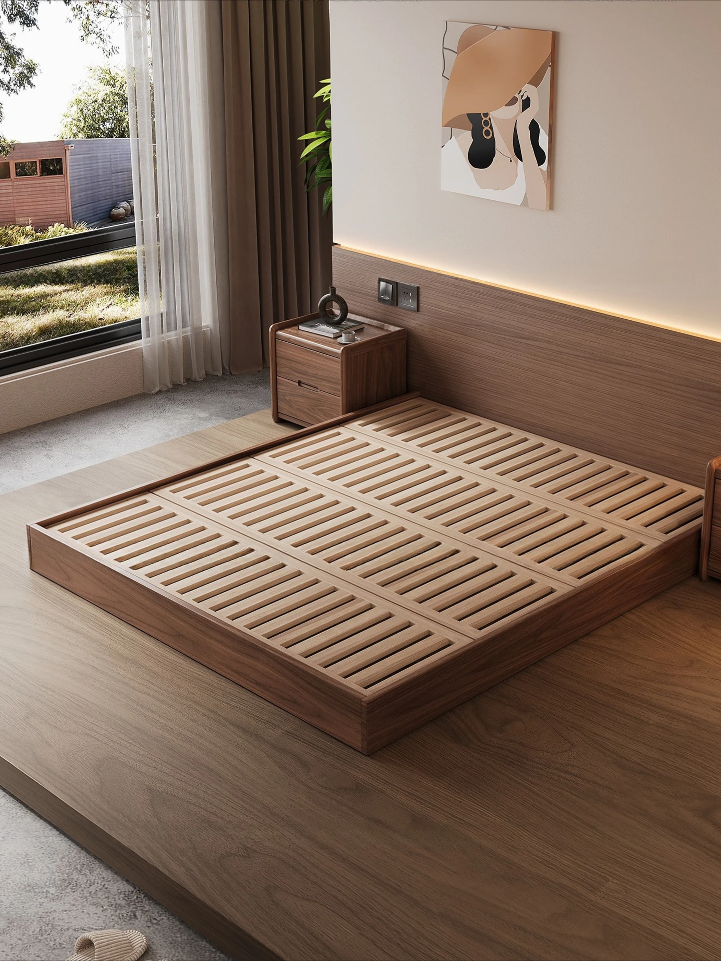 Black walnut floor bed, small apartment tatami bed frame 1.5 meters, modern and simple