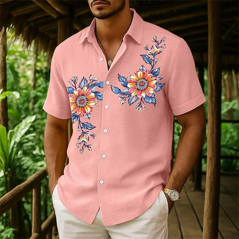 Mens Summer Beach Button Down Shirt Floral Casual Holiday Yellow Pink Navy Green Lapel Shirt Summer Outfit With Pockets - Image 4