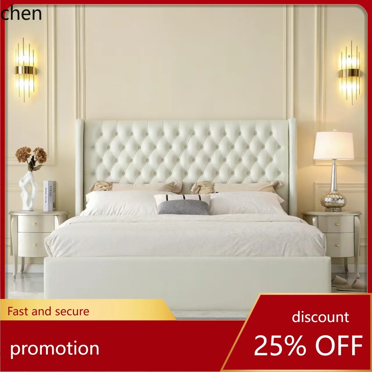 

HT Light Luxury Soft Bed 1.8m Master Bedroom Double Zipper Soft Genuine Leather Wedding Bed Princess Bed