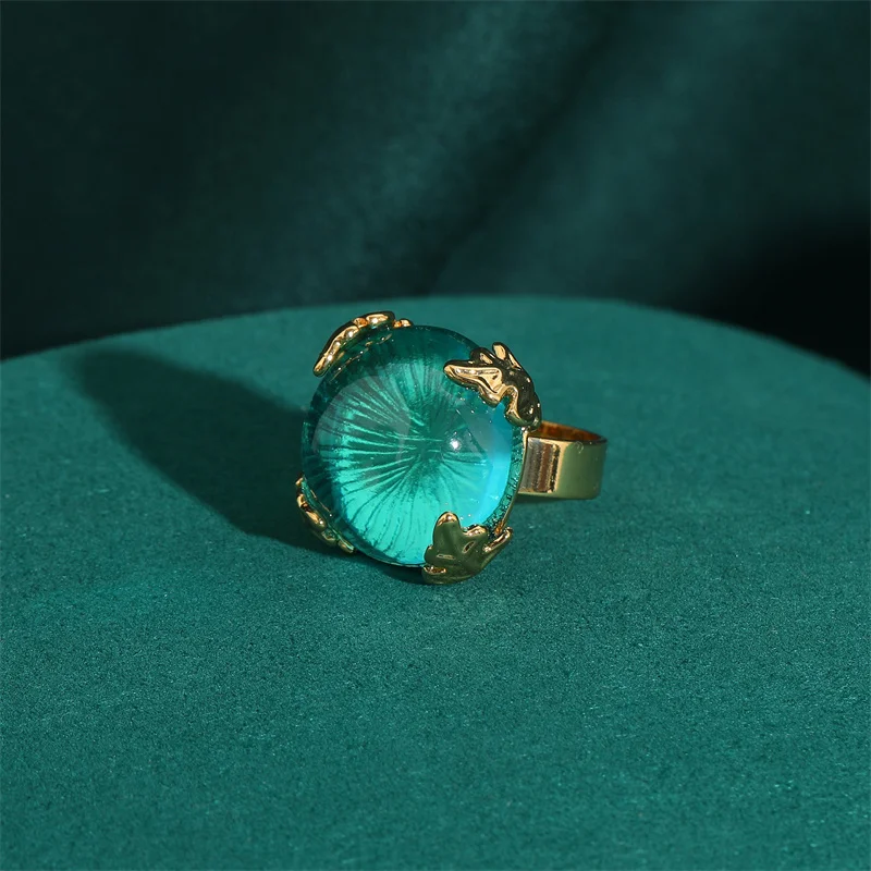 Vintage Wedding Rings for Women Round Blue Natural Oval Green Crystal Horse Eye Shape Glass Retro Pattern Gold Color Jewelry