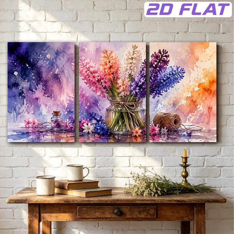 2D Flat, 3pcs Hyacinth Flower Canvas Wall Art - Vintage Still Life Painting Suitable for Living Room Bedroom Office Decor, Na