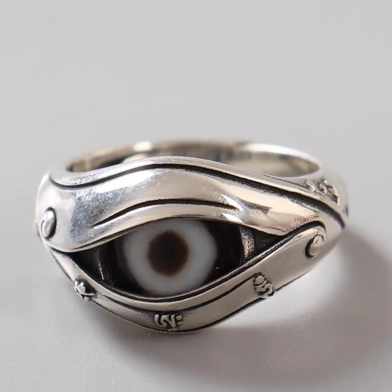 Vintage Tibetan Open Ring, Copper Alloy Silver Plated, Fine Carved Inlaid Dzi Bead Buddha Eye Retro Personality Jewelry