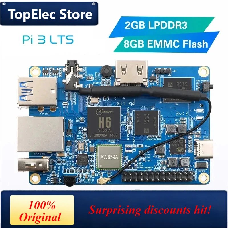 TopElec Orange Pi 3 LTS Single Board Computer 2GB RAM AllWinner H6 8GB EMMC Development Board Computer Run Android9.0 Ubuntu Deb
