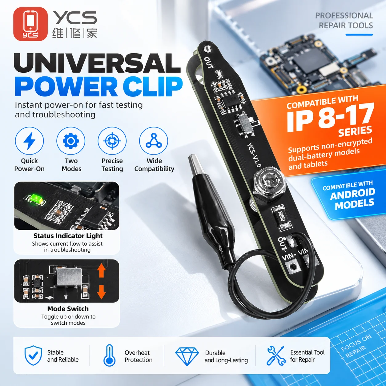 YCS Universal Power Clip for IP Android Tablets Dual-Battery Devices Repair Motherboard Logic Board Fault Diagnosis Tool