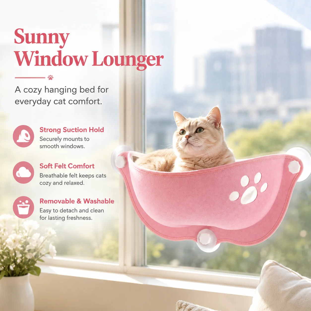 Crescent Moon Felt Cat Bed, Suction Cup Hanging Window Hammock, Detachable Washable Sunbathing Perch