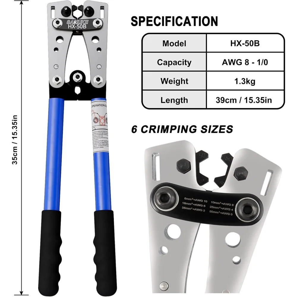 مجموعة أدوات تجعيد كابل البطارية الاحترافية لسلك AWG 8-1/0، تتضمن أطراف حلقية وأنابيب الانكماش الحراري #3