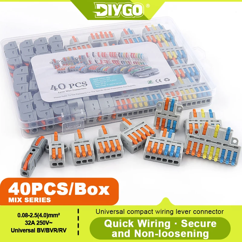 DIY GO 40PCS Lever Wire Connectors Assortment Pack Compact Splicing Connector Kit for Electrical Quick Connection Terminals