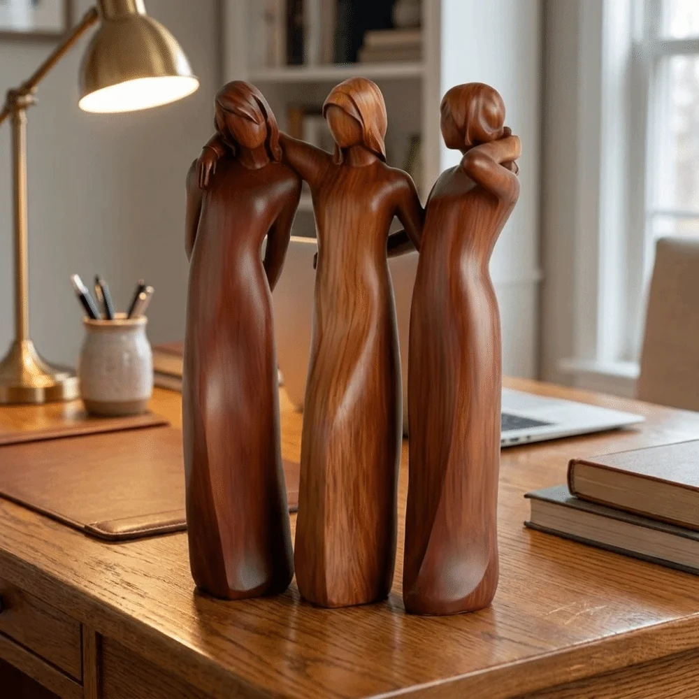 Resin Sisters Figurine Cartoon Natural Texture Imitation Wood-carved Ornament Realistic Desktop Decorations Resin Craft