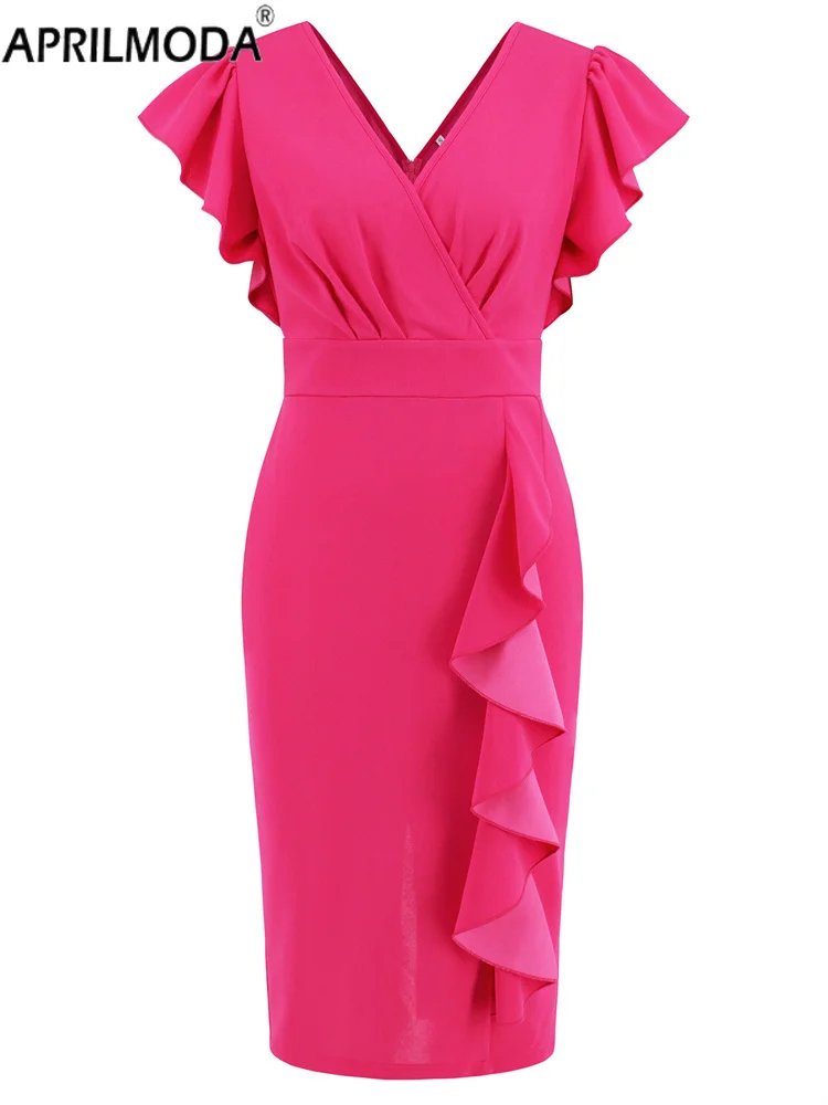 Elegant Office Wear OL Women's Dress Solid Black Pink Blue Green V Neck Ruffle Design Slim Fit Bandage Wrap Sheath Party Dresses