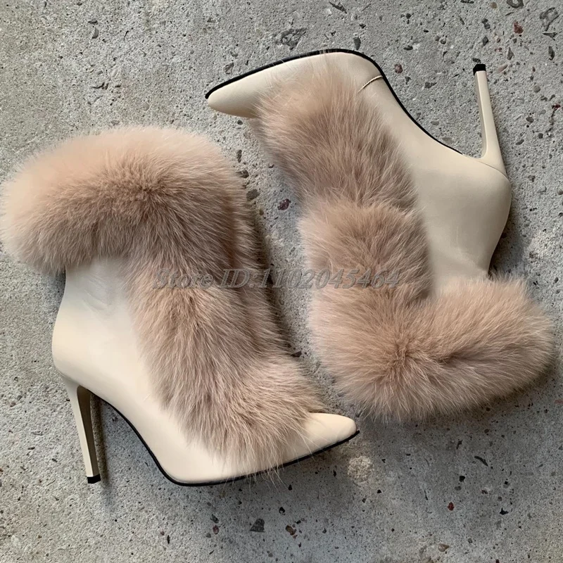 White Furry Sexy Leather Ankle Boots Women's Pointy Toe High Heels Big Size Booties Luxury Designer Party Winter New in Shoes