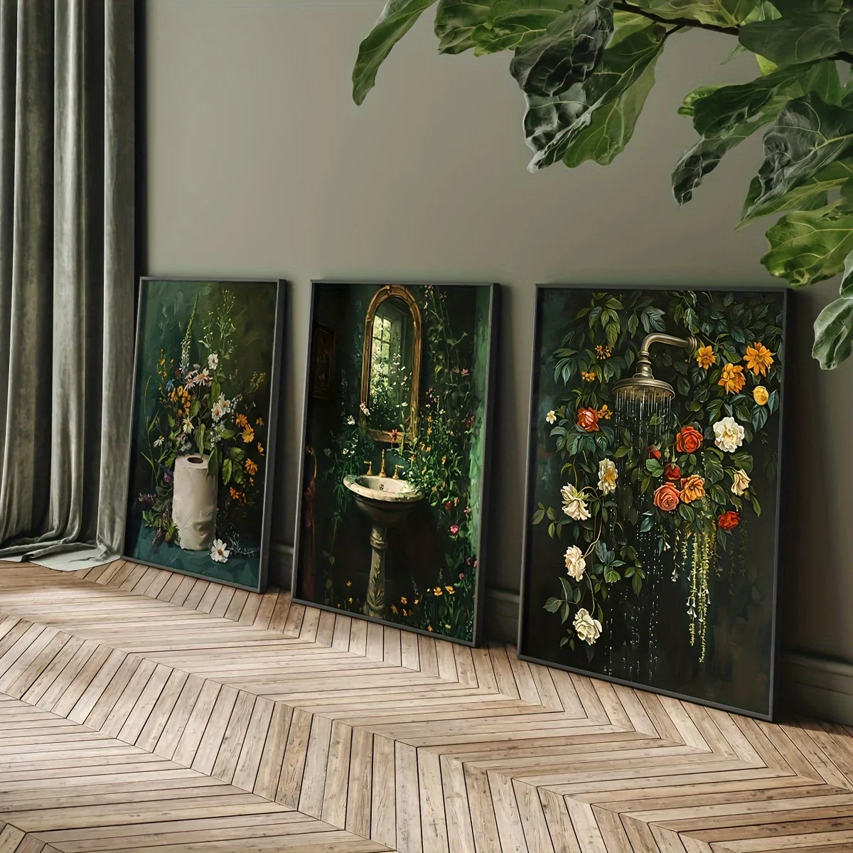 1/3pcs Dark Green Shower Sink Toilet Paper Roll Flower Bathroom Canvas Print Retro Plant Wall Art Poster for Modern Home Decor