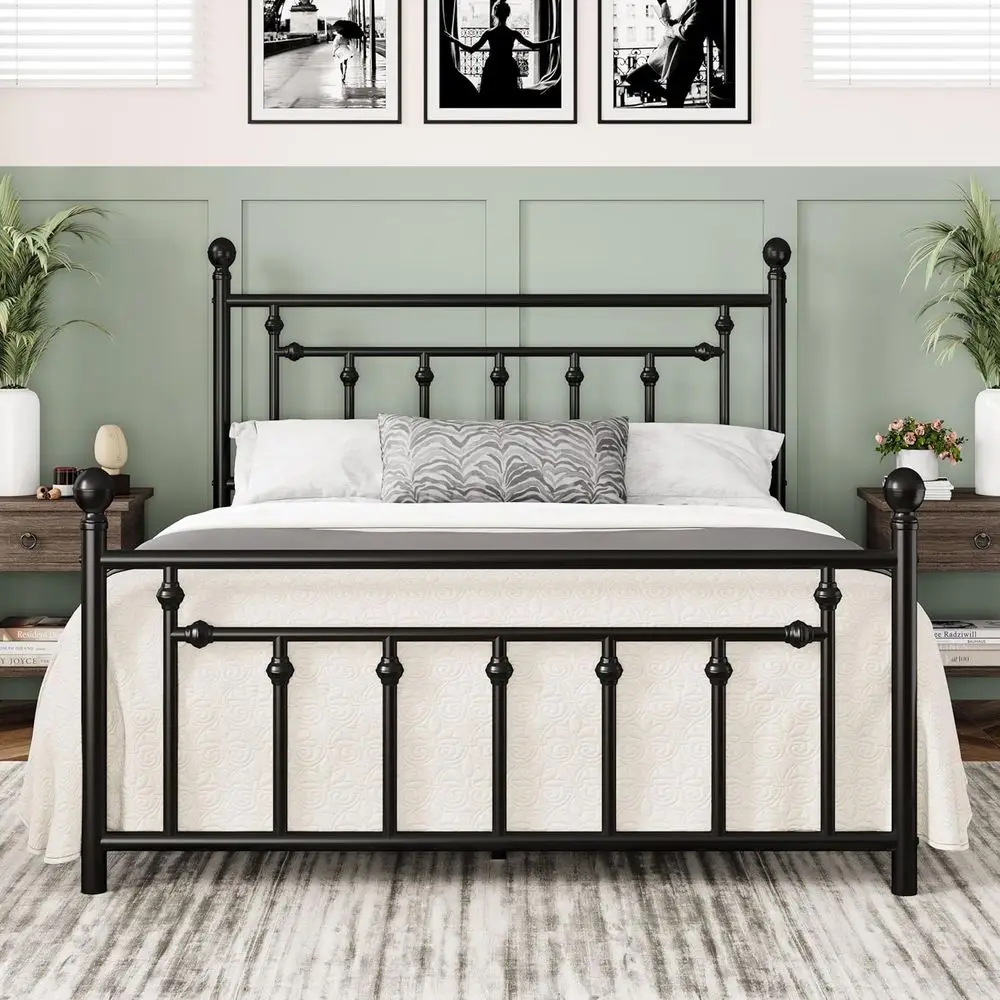 

14 Inch Queen Metal Bed Frame with Vintage Headboard, Footboard, Underbed Storage, No Box Spring Needed, Easy Assembly, Black