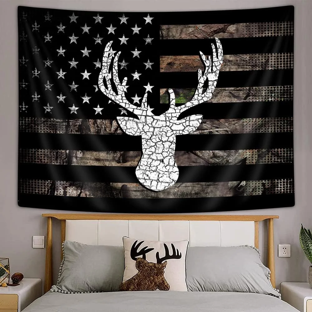 American Flag Hunting Tapestry Western Black and White Country Deer Tapestry Wall Hanging for Men Bedroom Room