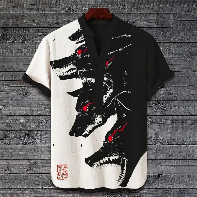 

2024 new cross-border 3D digital heat transfer animal wolf shirt landscape picture 3-button stand-up collar short-sleeved shirt