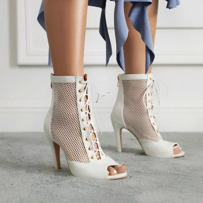 European and American Lace-up Peep Toe Sandal Boots Women's Spring and Summer Stiletto Heel Hollow Booties Jazz Dance High Heels