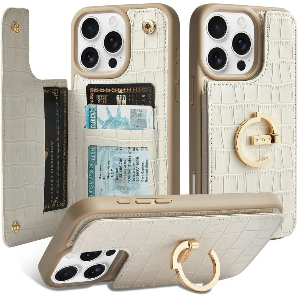 

iPhone 15 Pro Max Leather Wallet Case - 180° Stand, Card Slots, Beige for Men & Women