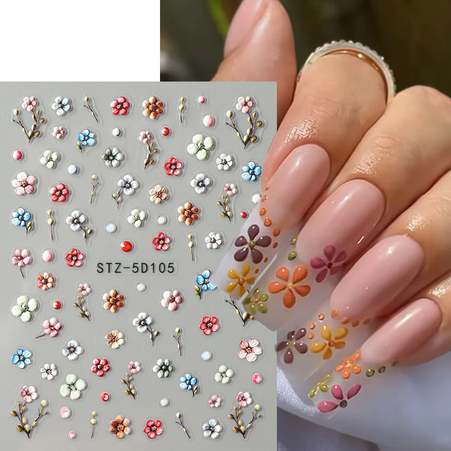Autocollants pour ongles à paillettes noires 5D, aquarelle floraison, décalcomanies de transfert adhésif Floral de printemps, décor pour Nail Art coulissant