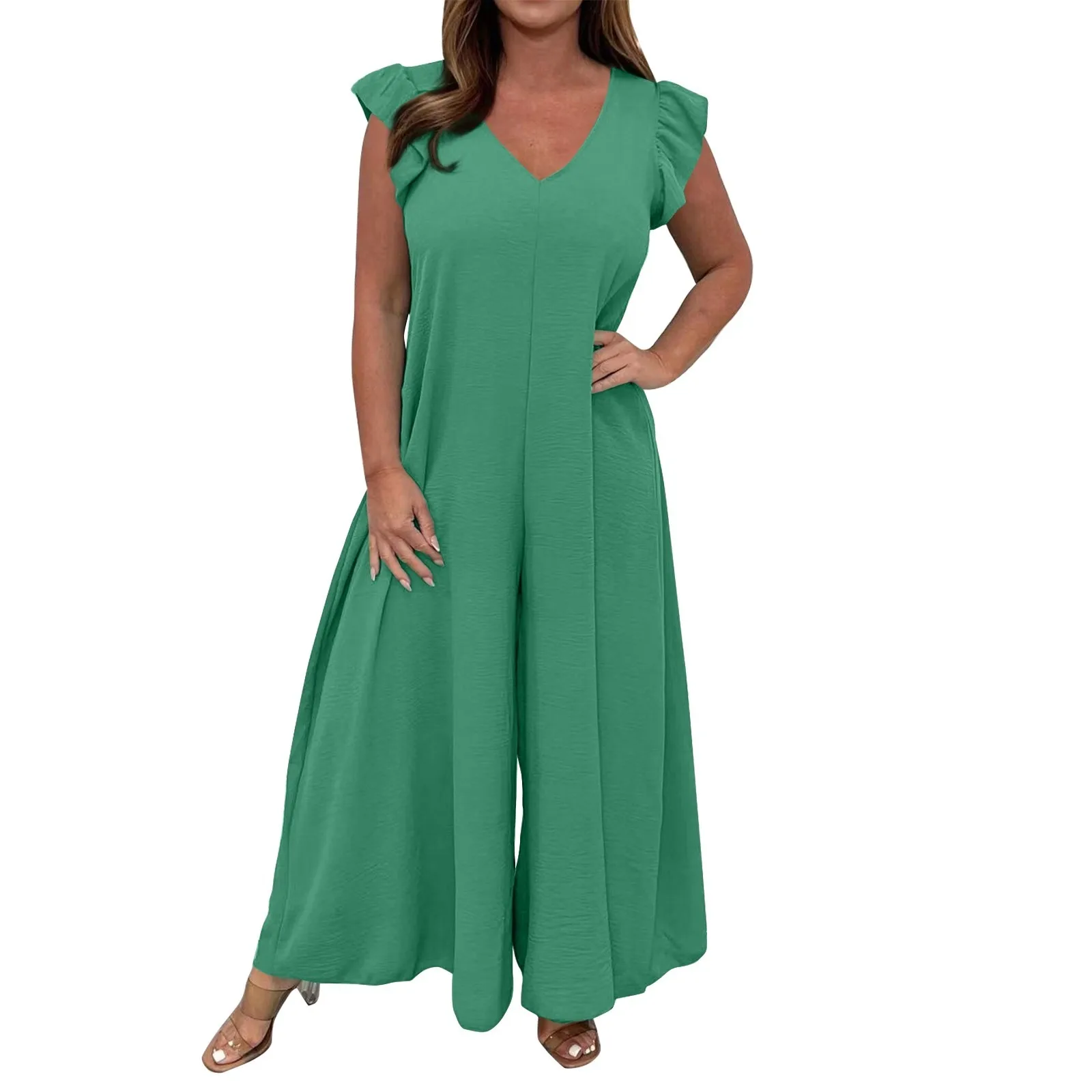 

2024 Summer New Women's Wear In Europe And The United States Tied Ruffled Wide Leg Trousers Solid Color Leisure Jumpsuit Female