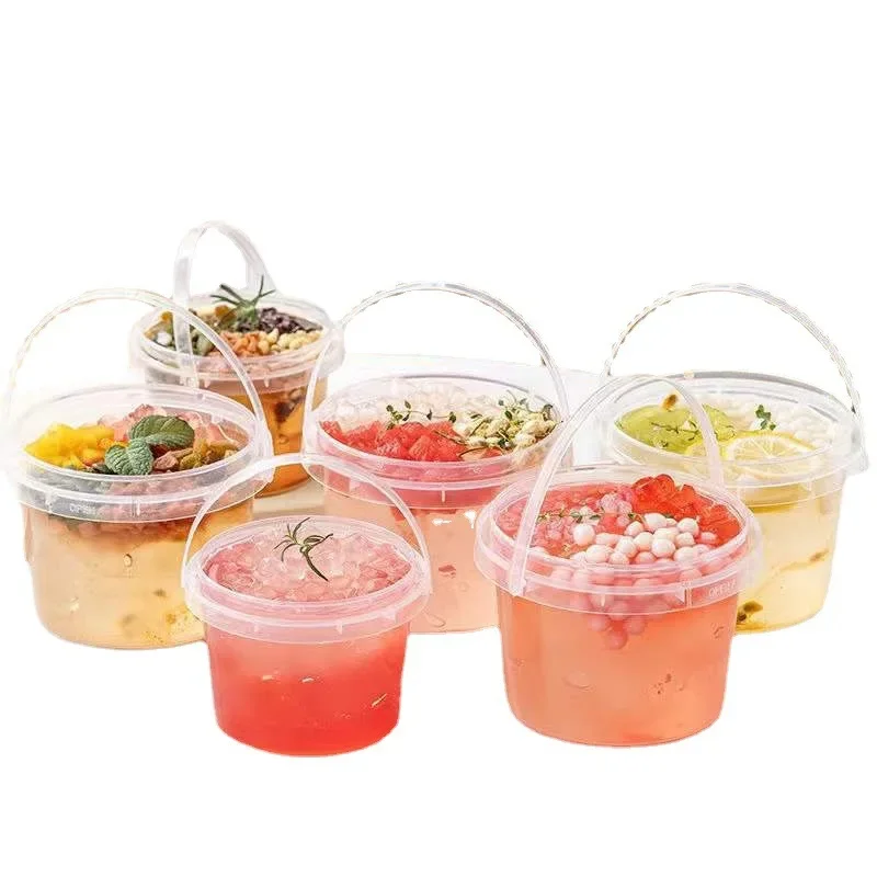 10Pcs Transparent Portable Drum Sealed Covered Food Grade Fruit Milk Tea handle Bucket Plastic Pack for Ice Powder Beverages