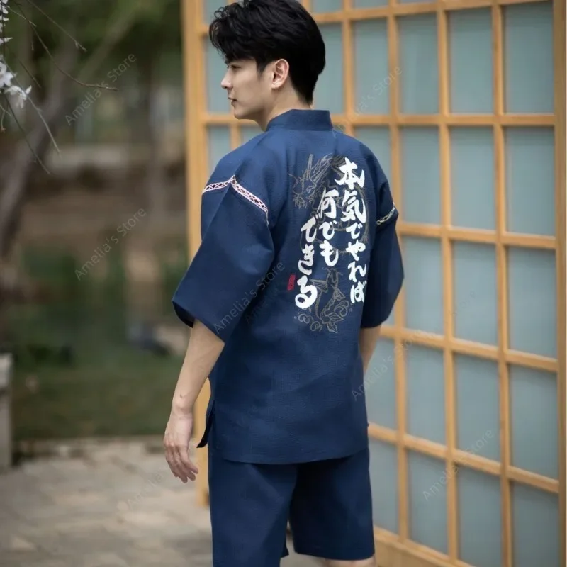Men's Japanese Jinbei Kimono 2-PCS Set Summer Short Sleeve Yukata Robe Printed Homewear Lounge Wear Pajamas Japan Outfit