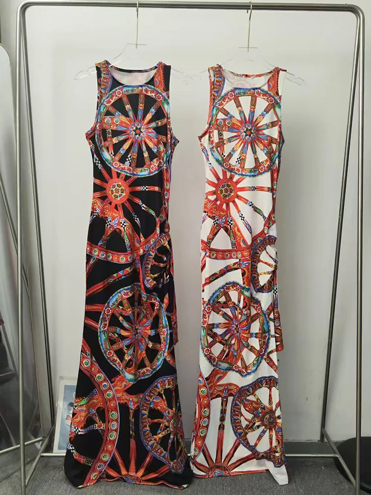 2026 Summer Women's Clothing Retro Geometric Print Knitted Round Neck Sleeveless Tank Top Fashion Smocked Straps Hip Cover Dress