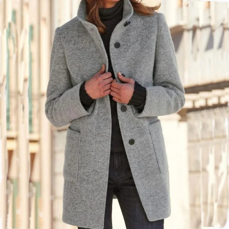 Retro Pure Color Button Stand Collar Woolen Coat Autumn Winter Women's Fashion Outerwear Medium Thickness Long Sleeve