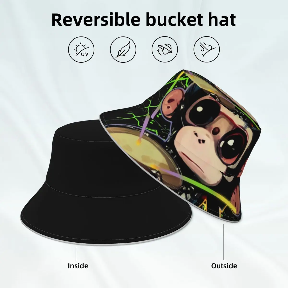 Drumming Monkey Bucket Hat Cute Animal Print Man Woman Outdoor Fisherman Hats Double-sided Wear Classic Reflective Sun Hat