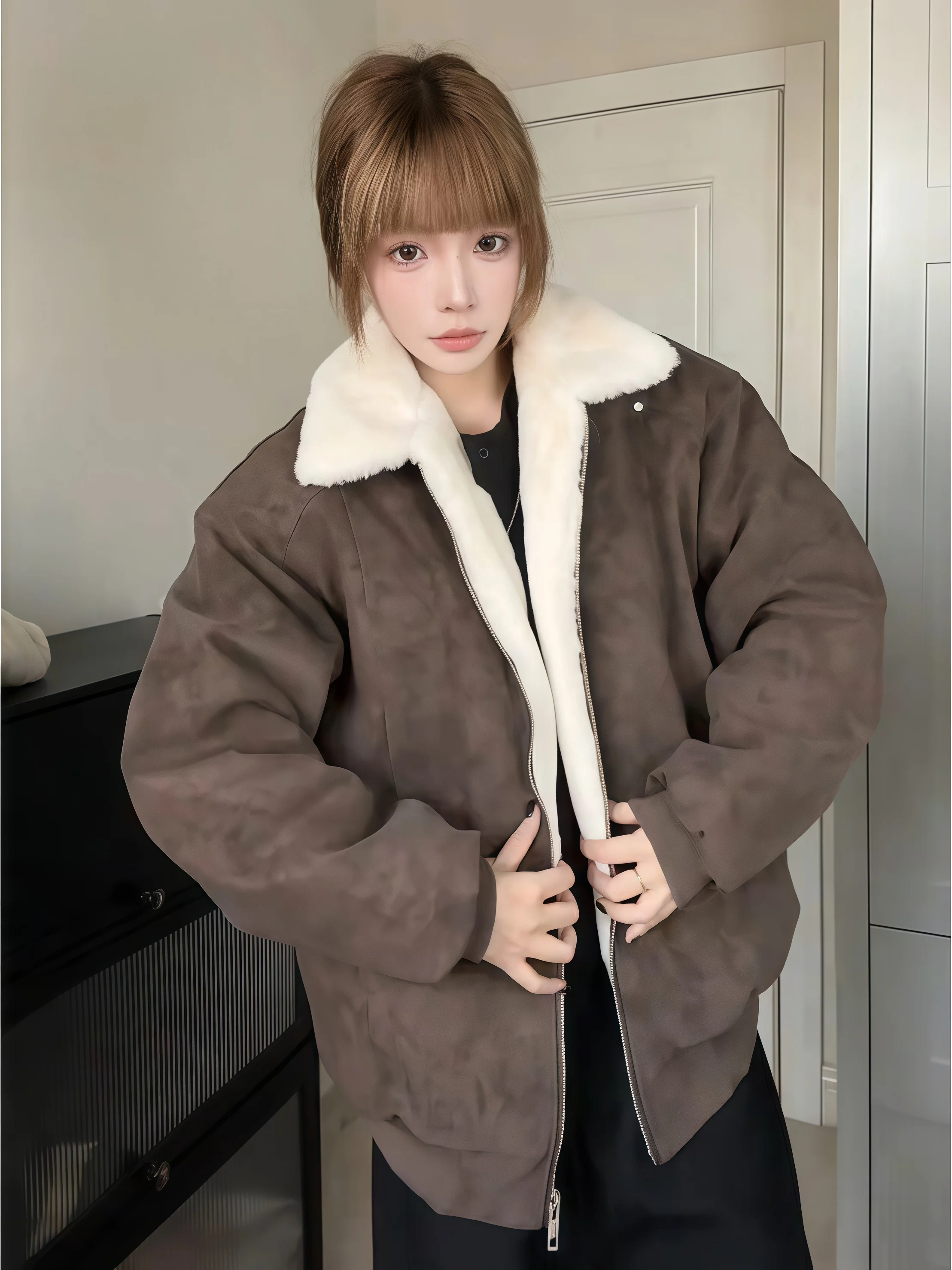 

Lamb Fur Jaet Men's Women's Thiened down Cotton Coat Winter Warm Zipper Closure PU Leather Youth Faion Casual Outerwear