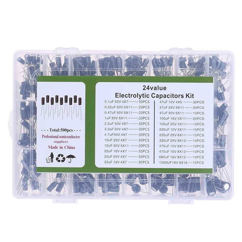 500Pcs 0.1-1000UF 24Values Aluminum Electrolytic Capacitors 16-50V Capacitor Kit